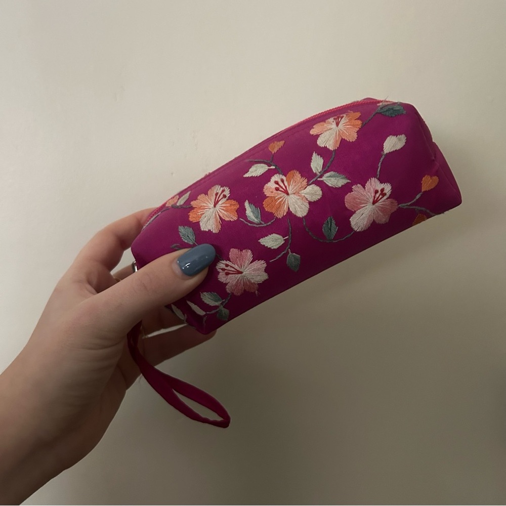 Structured Embroidered Floral Zipper Pouch